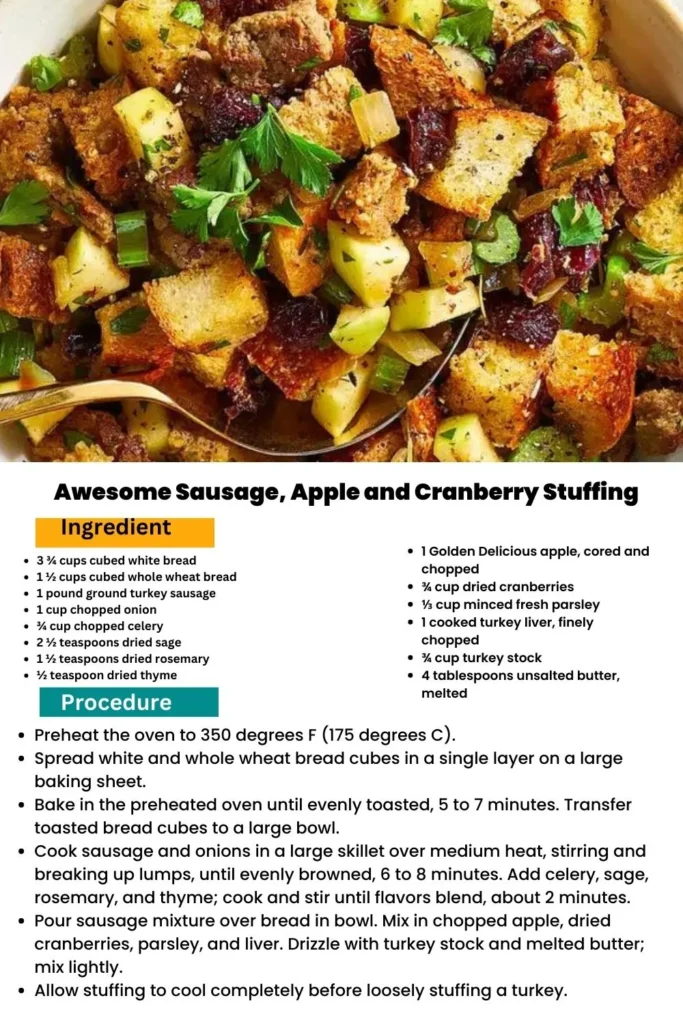 ingredients and instructions to make Gourmet Sausage, Roasted Apple, and Cranberry Stuffing