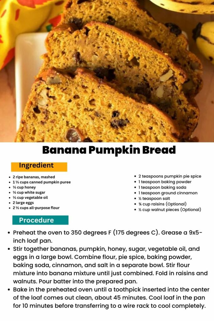 ingredients and instructions to make Cinnamon-Swirled Banana Pumpkin Loaf
