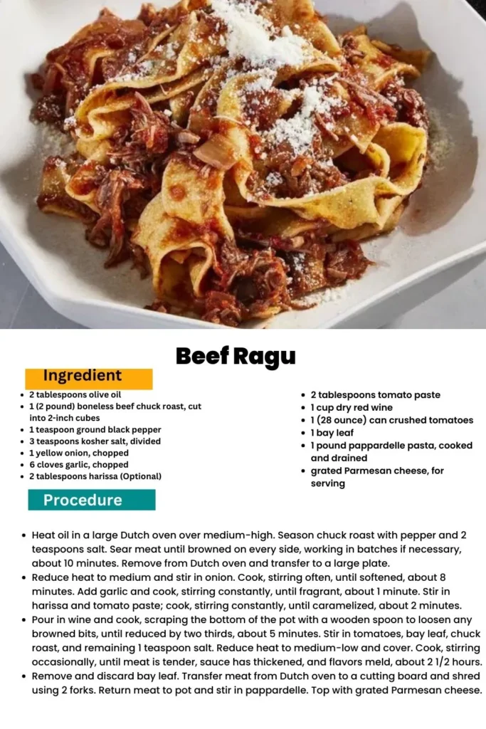 ingredients and instructions to make Slow-Cooked Beef Ragu with Pasta