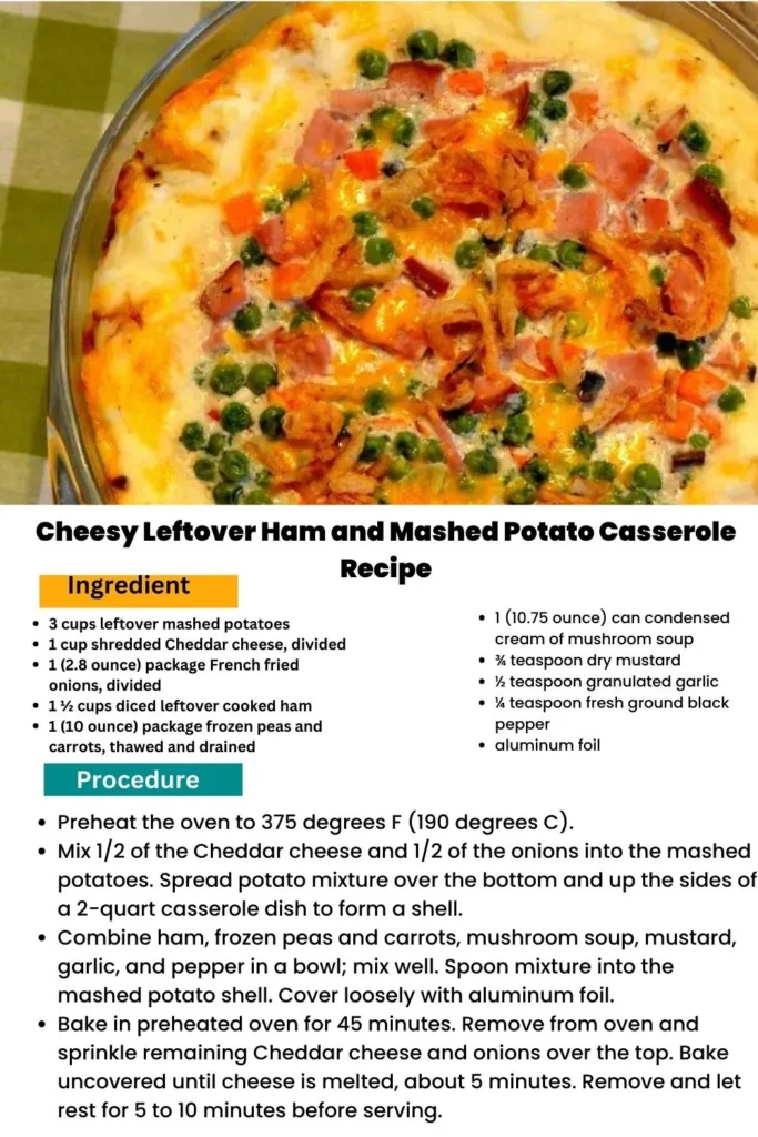 ingredients and instructions to make Cheddar Ham and Mashed Potato Bake