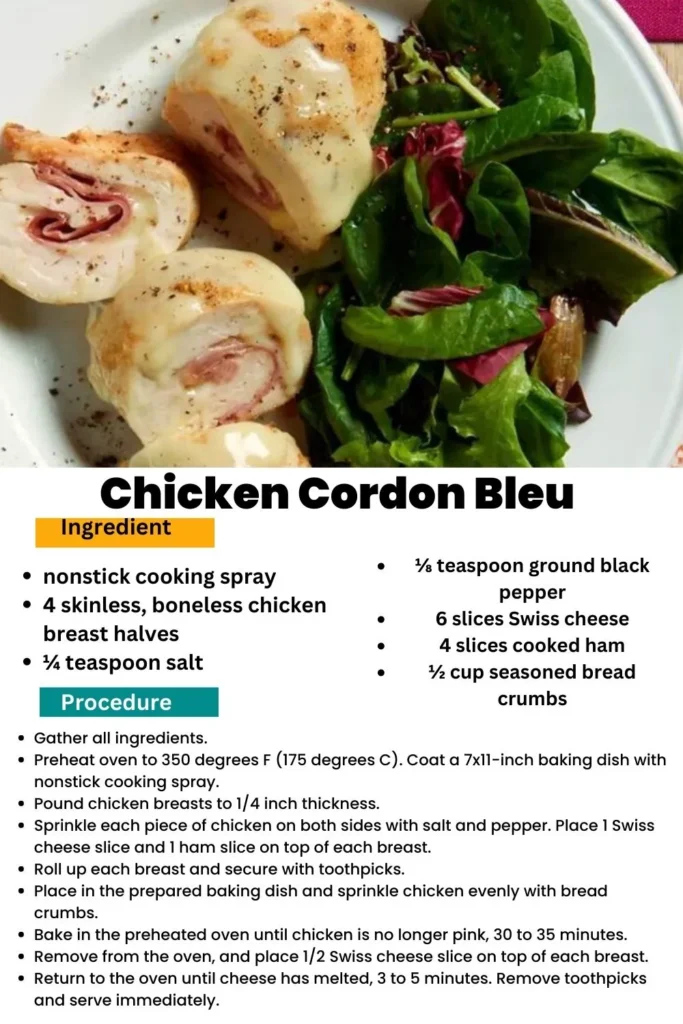 ingredients and instructions to make Cheesy Chicken Cordon Bleu
