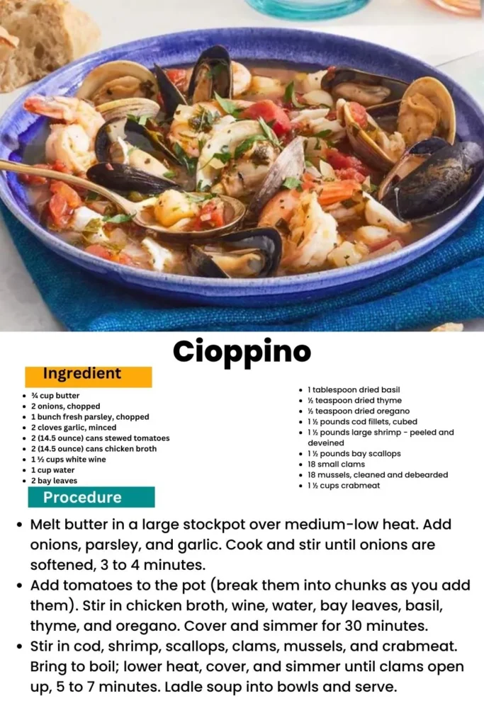 ingredients and instructions to make Coastal Catch Cioppino
