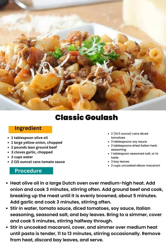 ingredients and instructions to make Old-Fashioned Goulash Goodness 