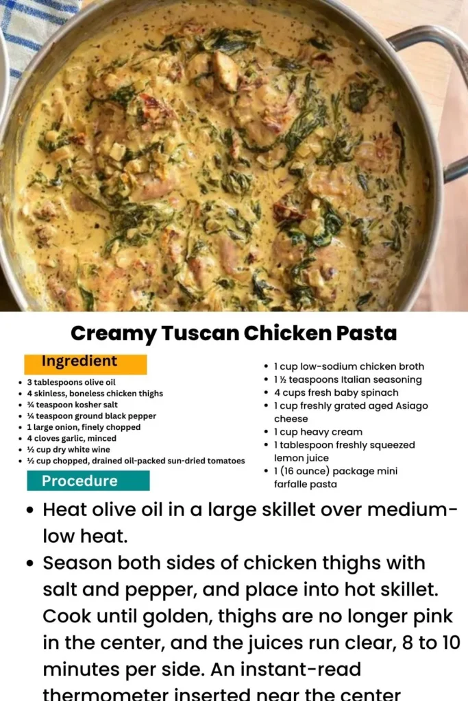 ingredients and instructions to make Tuscan Chicken and Spinach Linguine