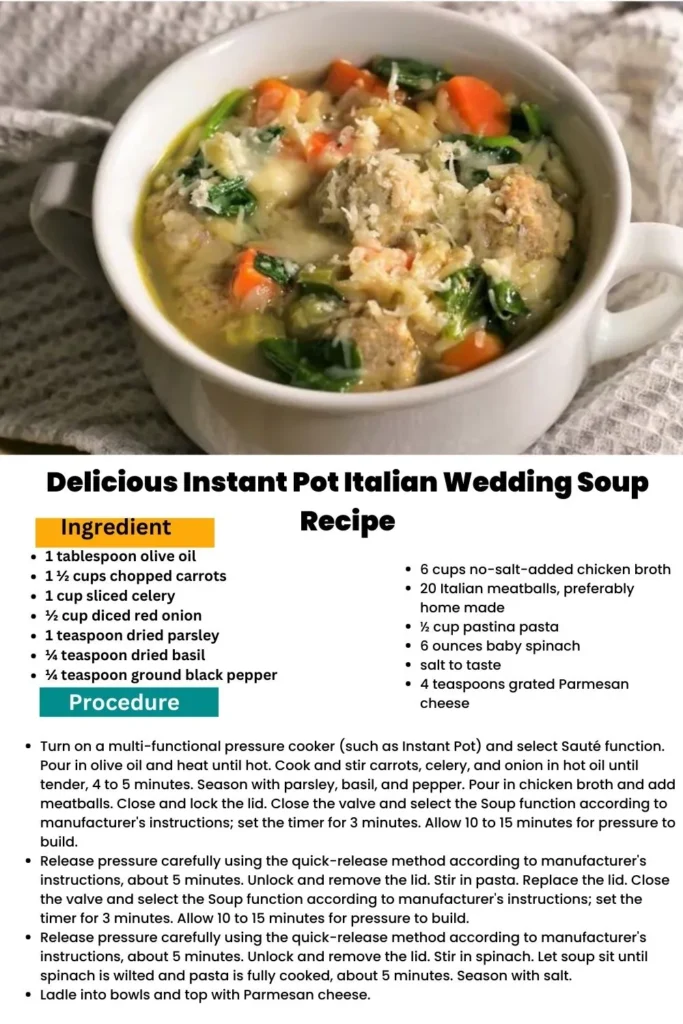 ingredients and instructions to make Italian-Inspired Instant Pot Wedding Soup: Rich and Nutritious