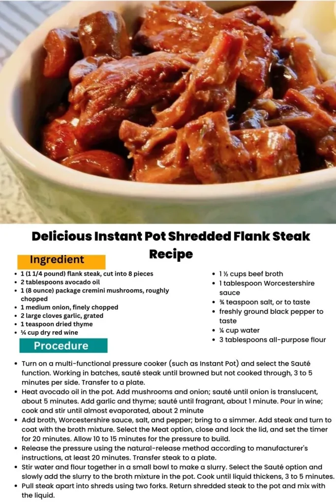 ingredients and instructions to make Mouthwatering Instant Pot Pulled Flank Steak