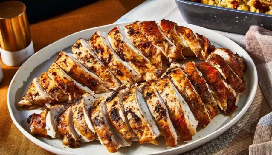 This succulent turkey breast is infused with aromatic herbs, perfectly seasoned, and baked to perfection, resulting in tender and juicy slices that are simply irresistible.