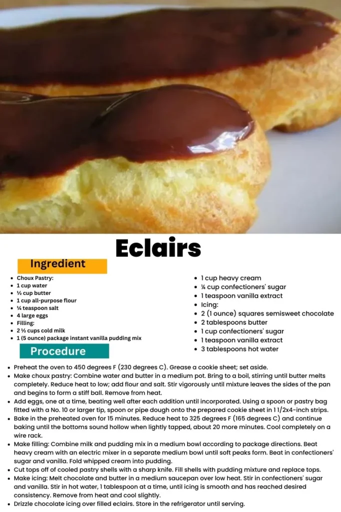 ingredients and instructions to make Creamy Delights: Vanilla Eclairs with Semisweet Chocolate