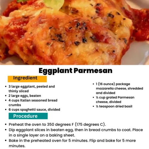 Crispy and flavorful, this dish features tender eggplant slices coated in a delightful blend of Parmesan cheese and savory herbs, baked to perfection.