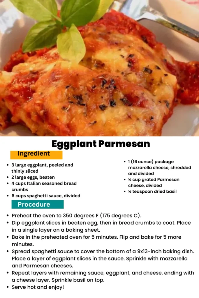 ingredients and instructions to make Parmesan-Crusted Eggplant Delight