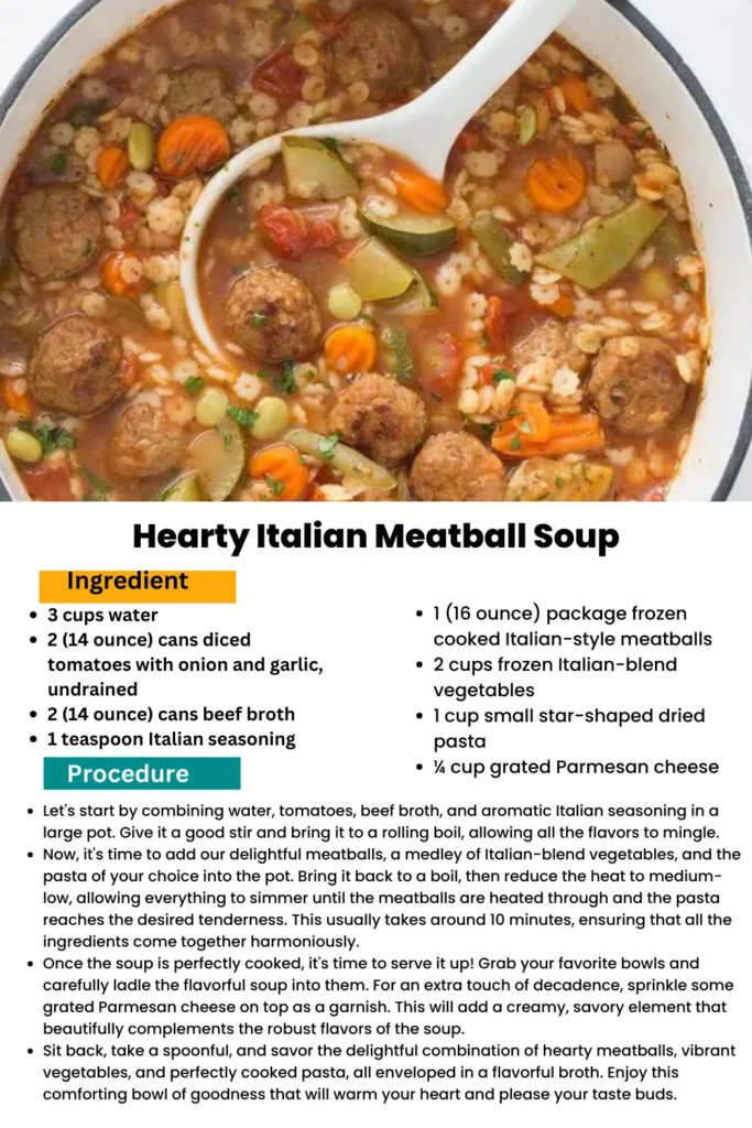ingredients and instructions to make Hearty Mediterranean Meatball Soup