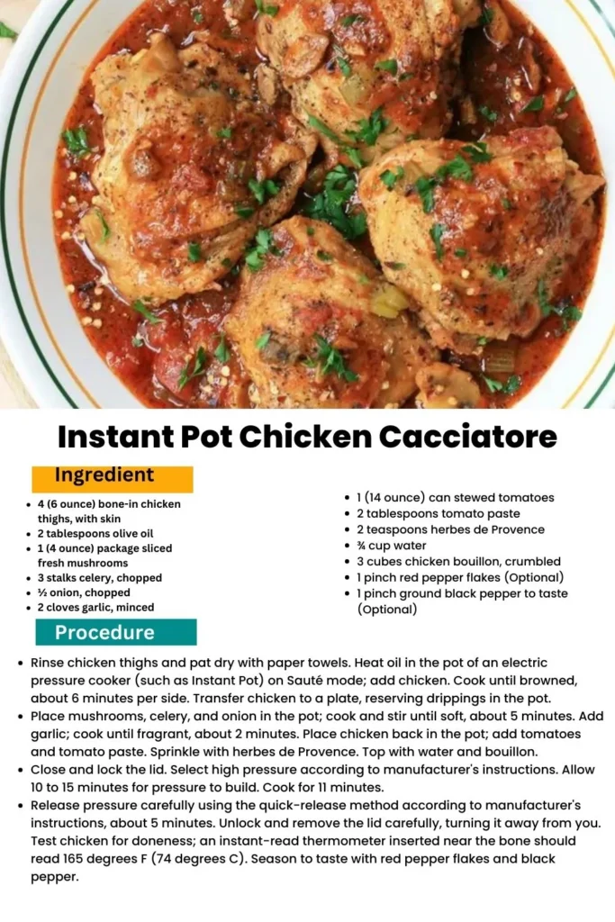 ingredients and instructions to make Instant Pot Italian Chicken Cacciatore in Minutes