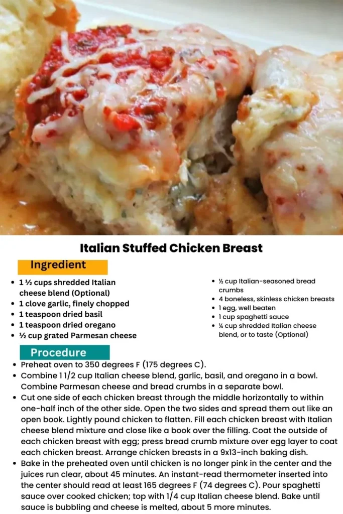 ingredients and instructions to make Parmesan and Tomato Stuffed Chicken Breast