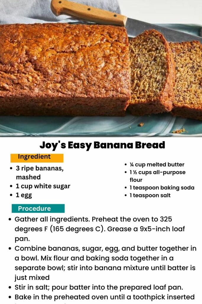 ingredients and instructions to make Simply Sweet Banana Loaf: Joy's Easy-to-Make Recipe