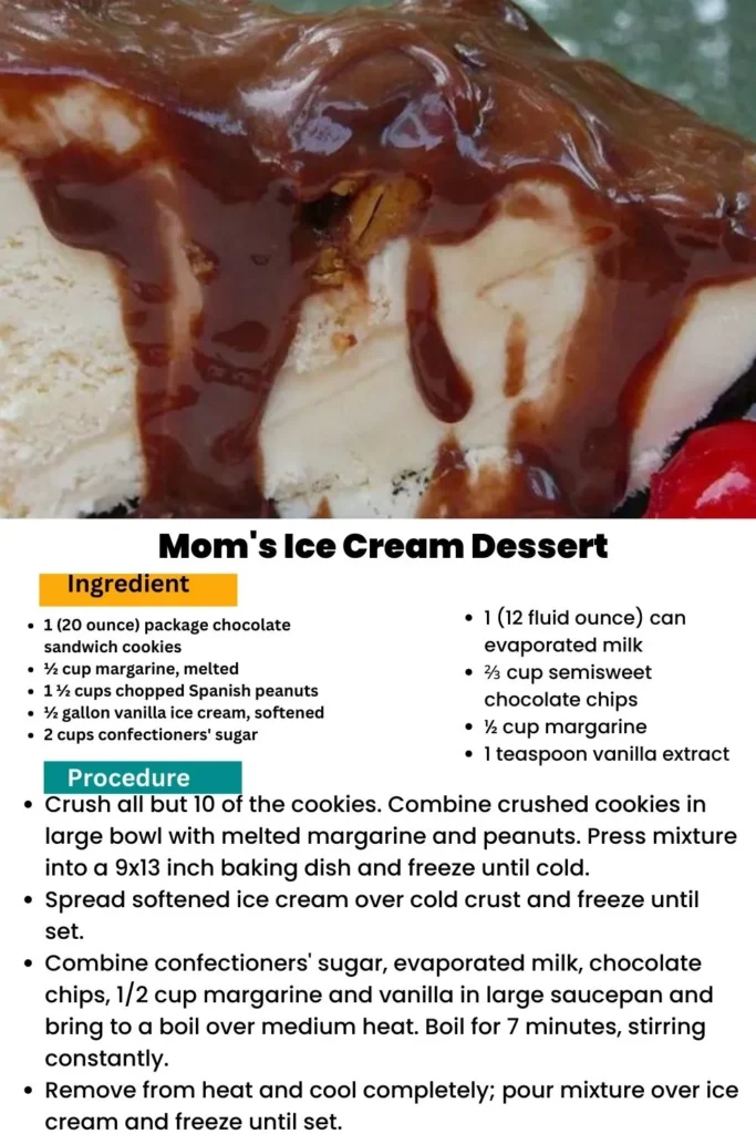 ingredients and instructions to make Creamy Ice Cream Delight from Mom's Kitchen