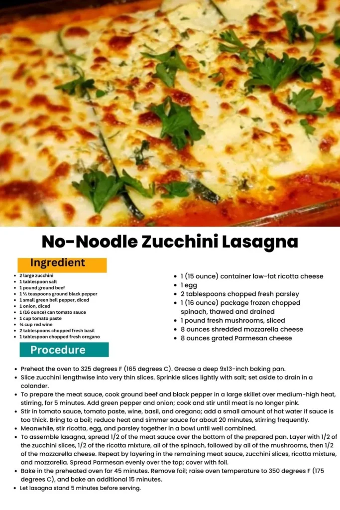 ingredients and instructions to make Garden Fresh Lasagna: No-Noodle Zucchini Delight