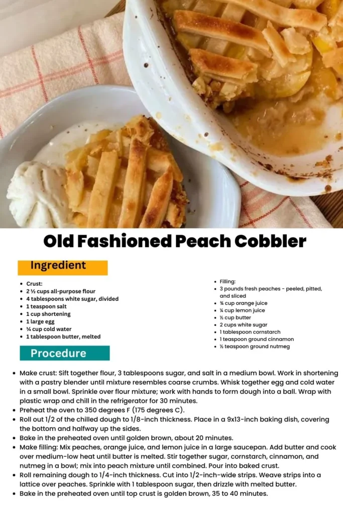 ingredients and instructions to make Traditional Peach Cobbler with a Modern Flair