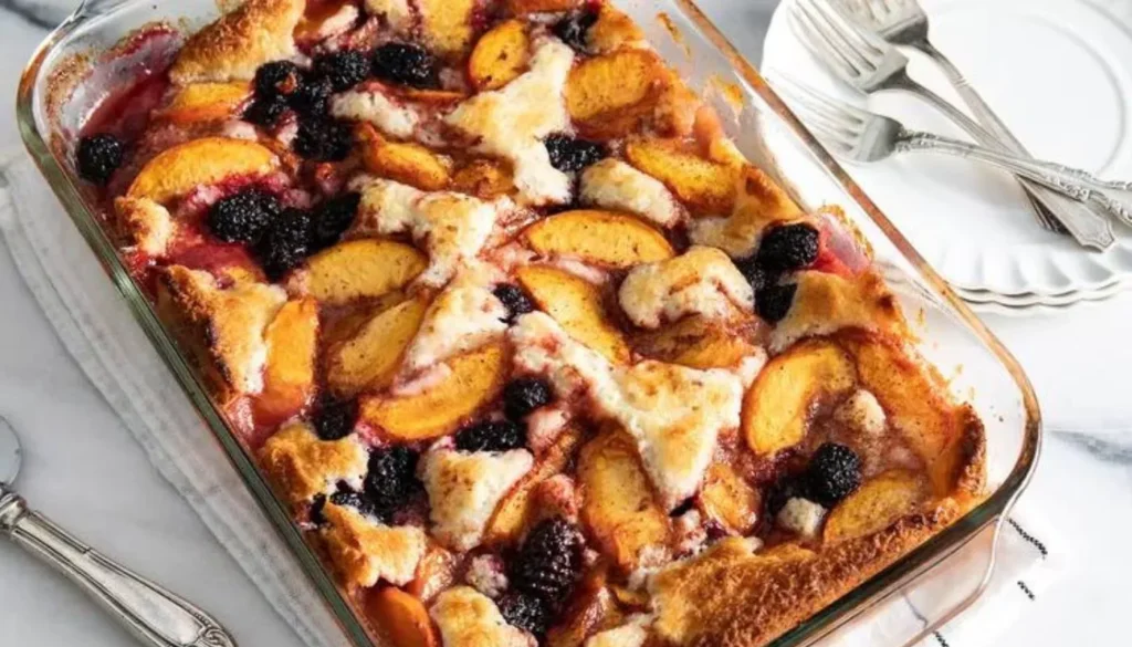 This irresistible dessert combines juicy peaches and succulent blackberries, baked to perfection with a golden, crumbly topping.