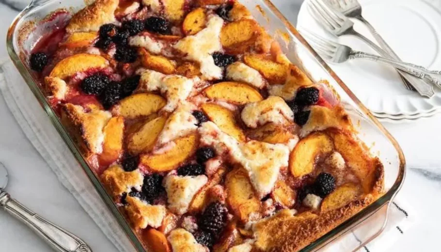 This irresistible dessert combines juicy peaches and succulent blackberries, baked to perfection with a golden, crumbly topping.