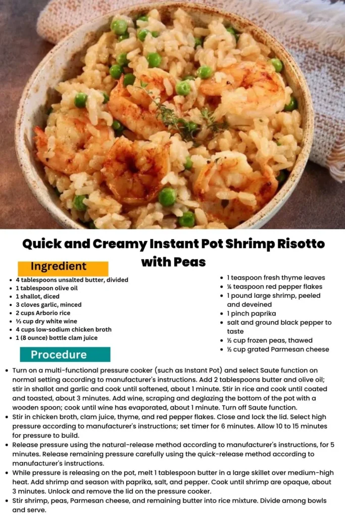 ingredients and instructions to make Instant Pot Shrimp and Pea Risotto: Fast and Creamy Delight