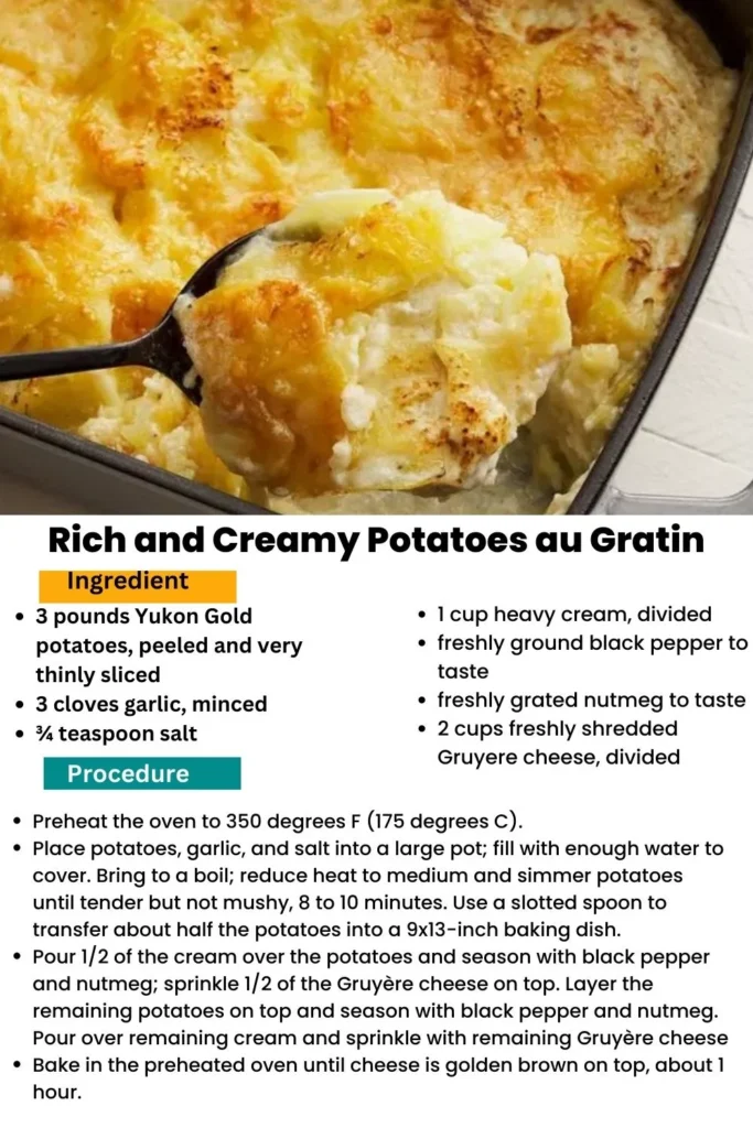 ingredients and instructions to make Decadent and Luscious Cheesy Potatoes au Gratin
