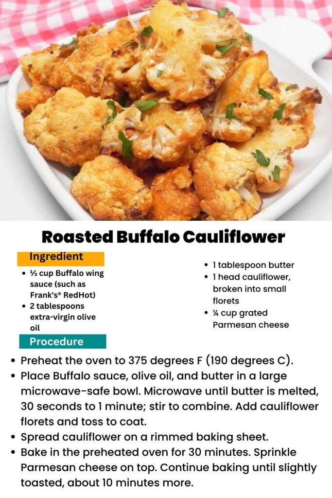 ingredients and instructions to make Spicy Oven-Roasted Cauliflower Bites