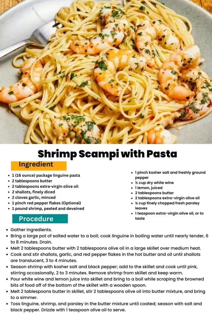 ingredients and instructions to make Pasta with Garlic Butter Shrimp