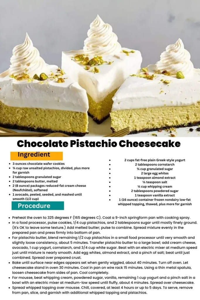 ingredients and instructions to make Rich and Creamy Chocolate Pistachio Cheesecake