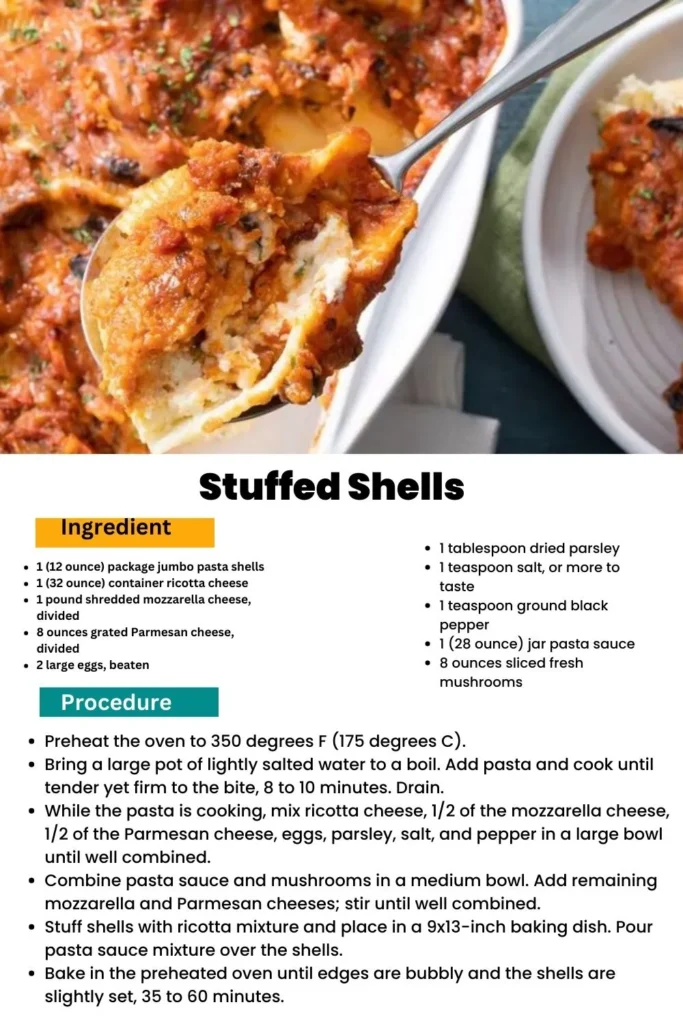 ingredients and instructions to make Cheesy Stuffed Pasta Shells
