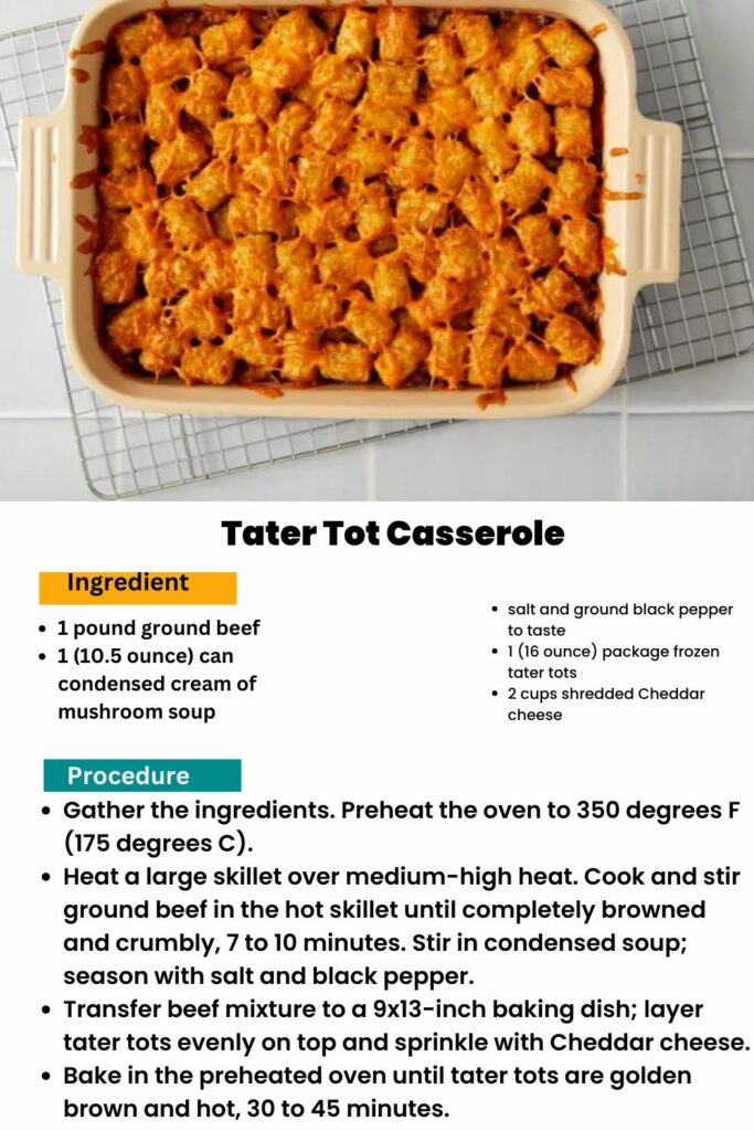 ingredients and instructions to make Tater Tot Fiesta: A Flavorful Casserole Creation