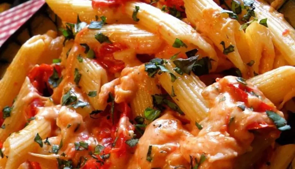 This mouthwatering recipe features al dente penne pasta smothered in a rich tomato and basil sauce, topped with a generous sprinkle of melted, gooey Parmesan cheese.