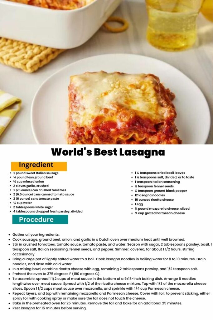 ingredients and instructions to make Legendary Lasagna: A Taste of Perfection