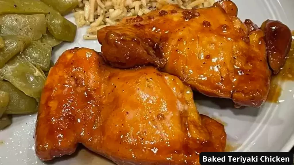 Baked Teriyaki Chicken Thighs in a White Baking Dish, Glazed with Teriyaki Sauce
