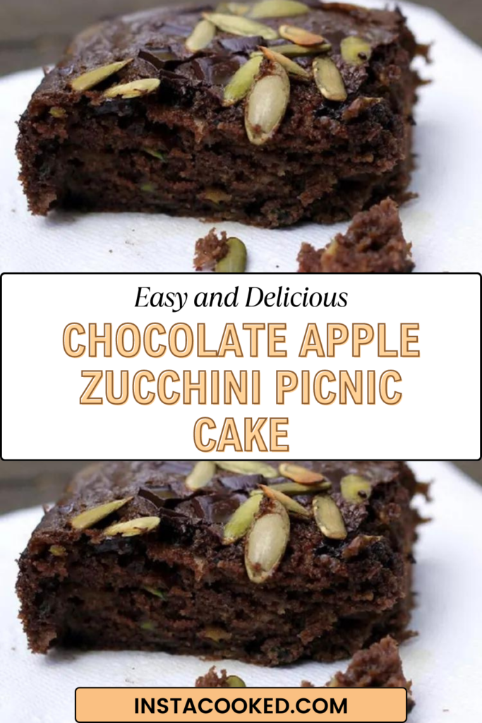 Promotional poster featuring Chocolate Apple Zucchini Picnic Cake, highlighting its easy and delicious recipe, ideal for picnics.