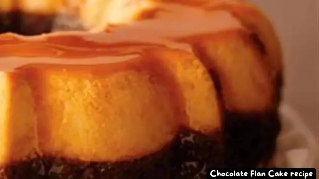 A close-up view of a slice of Chocolate Flan Cake showing the rich chocolate layer, creamy flan, and caramel topping.
