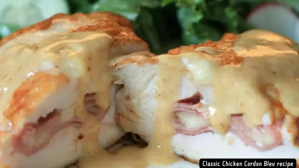 Close-up of Classic Chicken Cordon Bleu topped with creamy wine sauce.