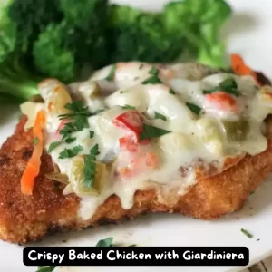 Crispy baked chicken topped with giardiniera and melted provolone cheese