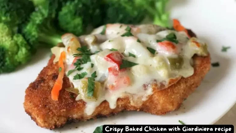 Crispy baked chicken topped with giardiniera and melted provolone cheese, served with a side of broccoli.