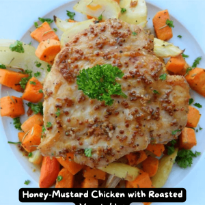 A plate of honey-mustard chicken served with roasted butternut squash, carrots, parsnips, sweet potato, and red onion.