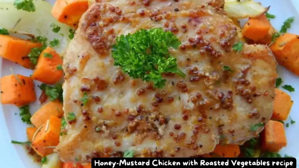 Top view of honey-mustard chicken garnished with parsley, served with roasted butternut squash, carrots, parsnips, and sweet potatoes.