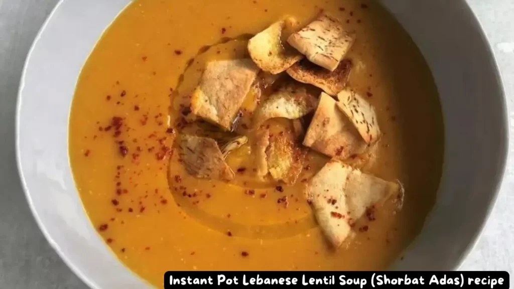 A bowl of Instant Pot Lebanese Lentil Soup garnished with crispy pita chips and a drizzle of olive oil.