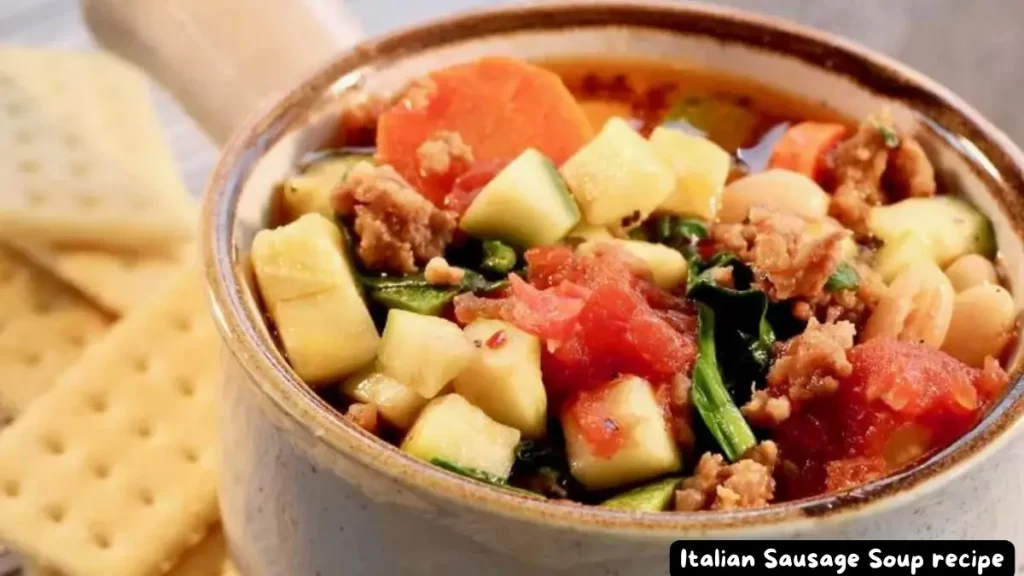 A bowl of hearty Italian sausage soup with chunks of sausage, carrots, zucchini, beans, and wilted spinach served with crackers.