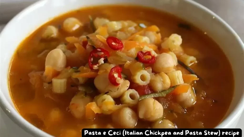 A close-up of a bowl filled with Pasta e Ceci, an Italian chickpea and pasta stew, garnished with fresh herbs and sliced red chili peppers.