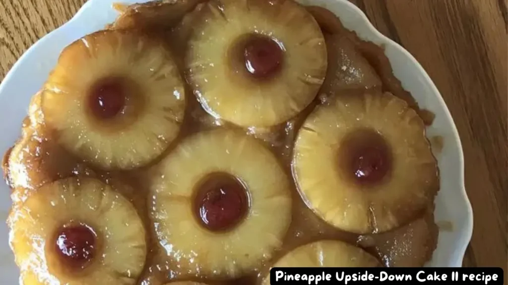 Close-up of a Pineapple Upside-Down Cake with caramelized pineapple rings and maraschino cherries on top.