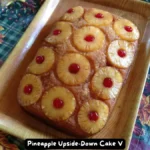 A perfectly layered Pineapple Upside-Down Cake with pineapple rings and cherries on top.