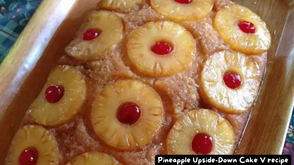 Traditional Pineapple Upside-Down Cake with circular pineapple slices and cherries on a wooden serving tray.