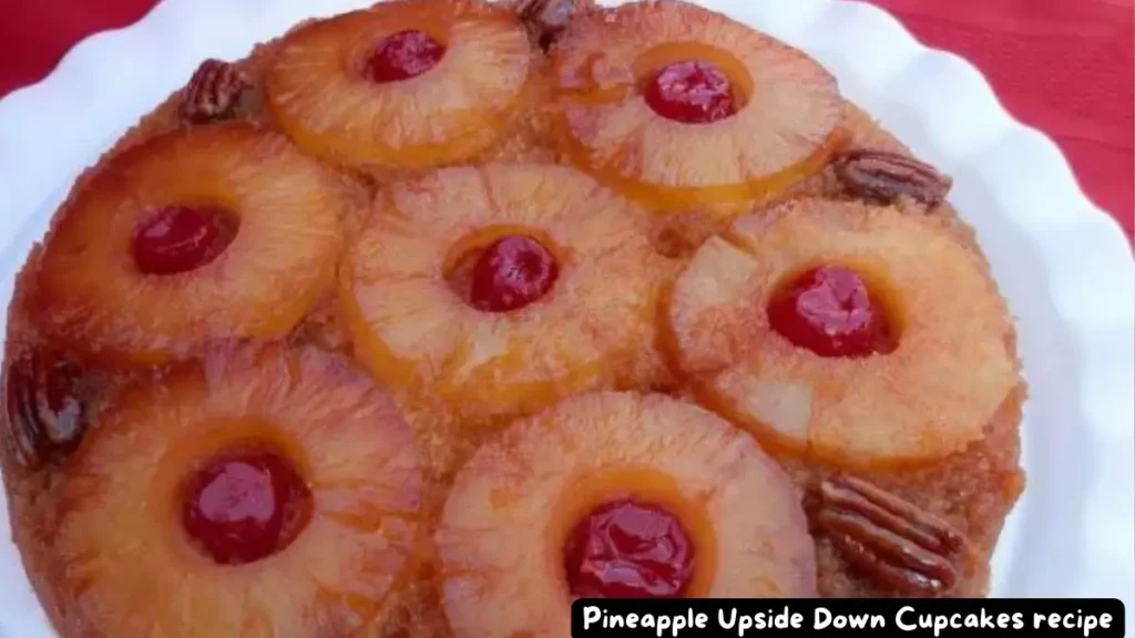 Close-up of a Pineapple Upside-Down Cake topped with pineapple rings and maraschino cherries.