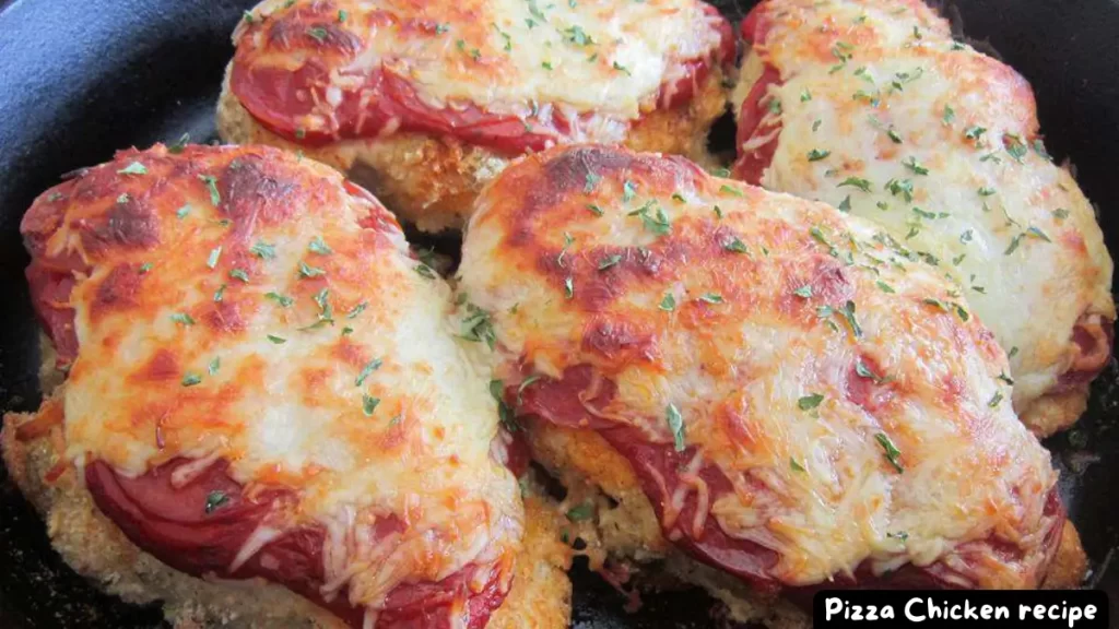 Baked chicken breasts topped with pizza sauce, melted mozzarella cheese, and pepperoni slices.