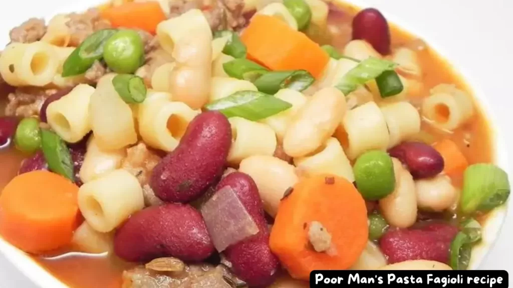 Bowl of Poor Man's Pasta Fagioli Soup with Vegetables and Pasta