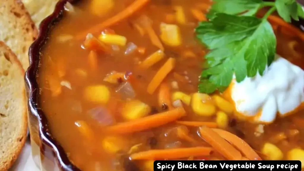 Close-up of a bowl of Spicy Black Bean Vegetable Soup garnished with fresh parsley and a dollop of sour cream.